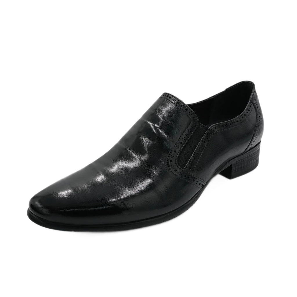 Black brogue-style men's leather shoes, pointed toe, slip-on, business formal style, chunky heel.