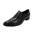 Black brogue-style men's leather shoes, pointed toe, slip-on, business formal style, chunky heel.