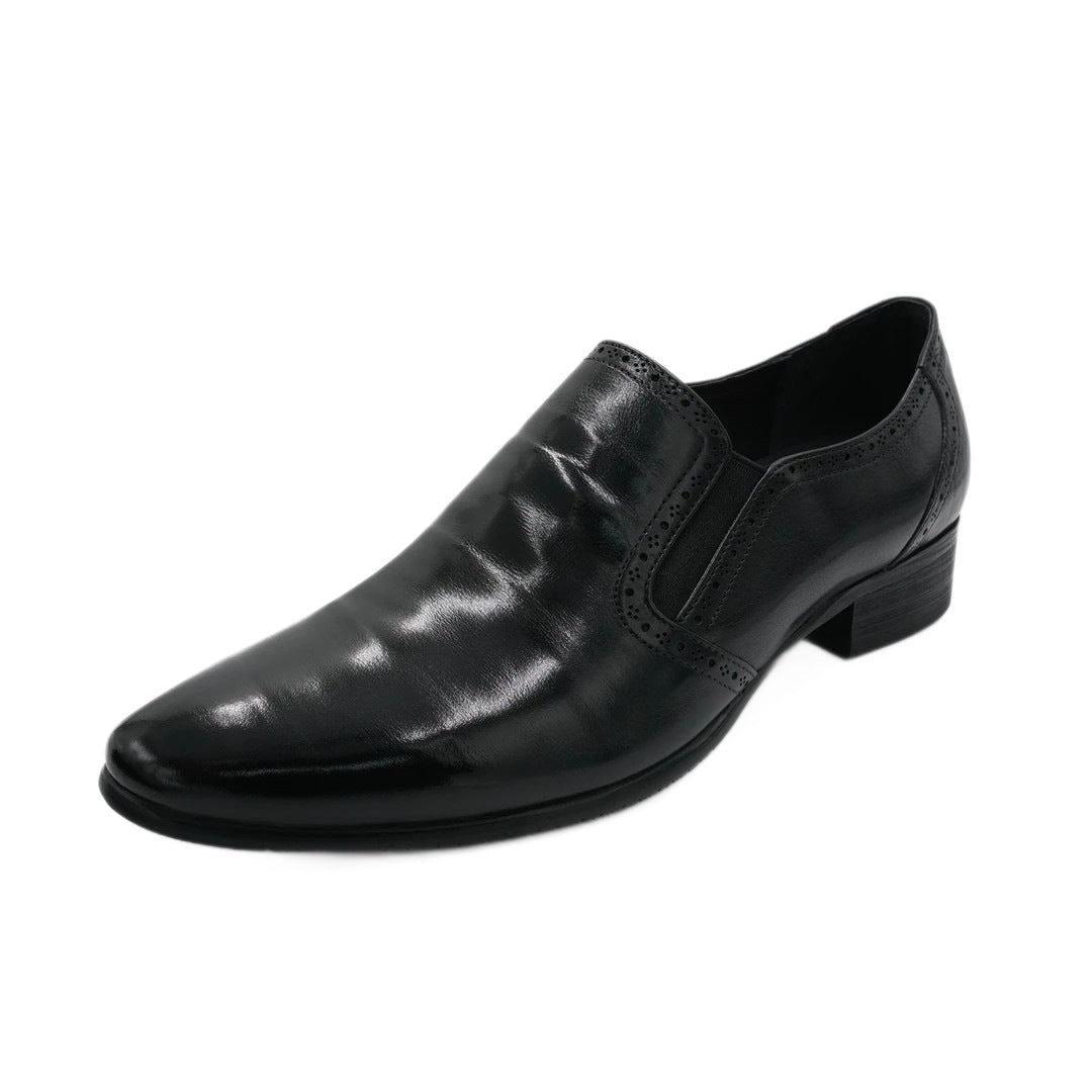 Black brogue-style men's leather shoes, pointed toe, slip-on, business formal style, chunky heel.