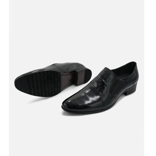 Black brogue-style men's leather shoes, pointed toe, slip-on, business formal style, chunky heel.