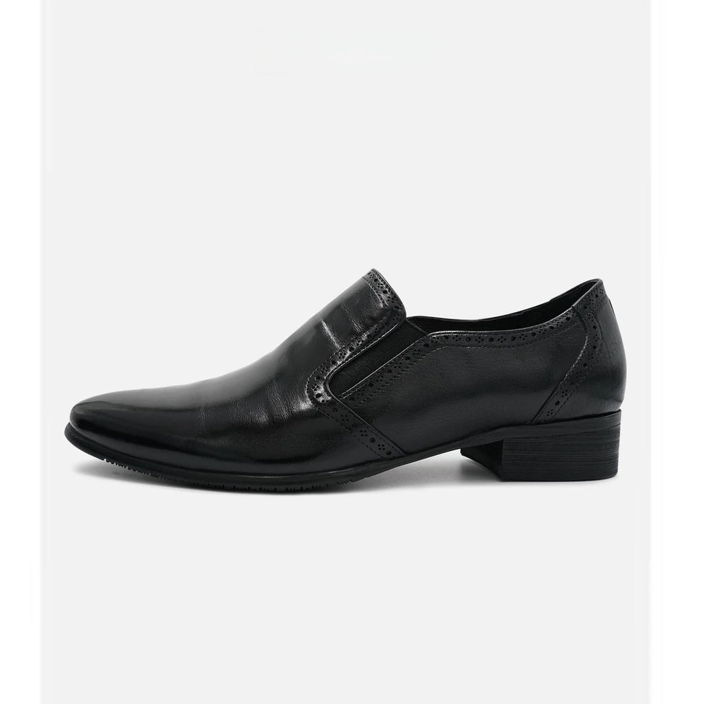 Black brogue-style men's leather shoes, pointed toe, slip-on, business formal style, chunky heel.