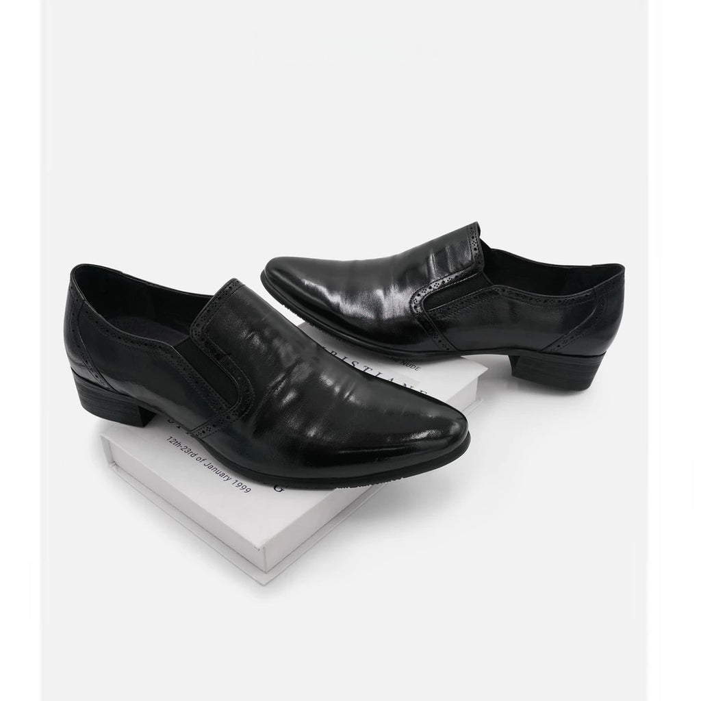 Black brogue-style men's leather shoes, pointed toe, slip-on, business formal style, chunky heel.