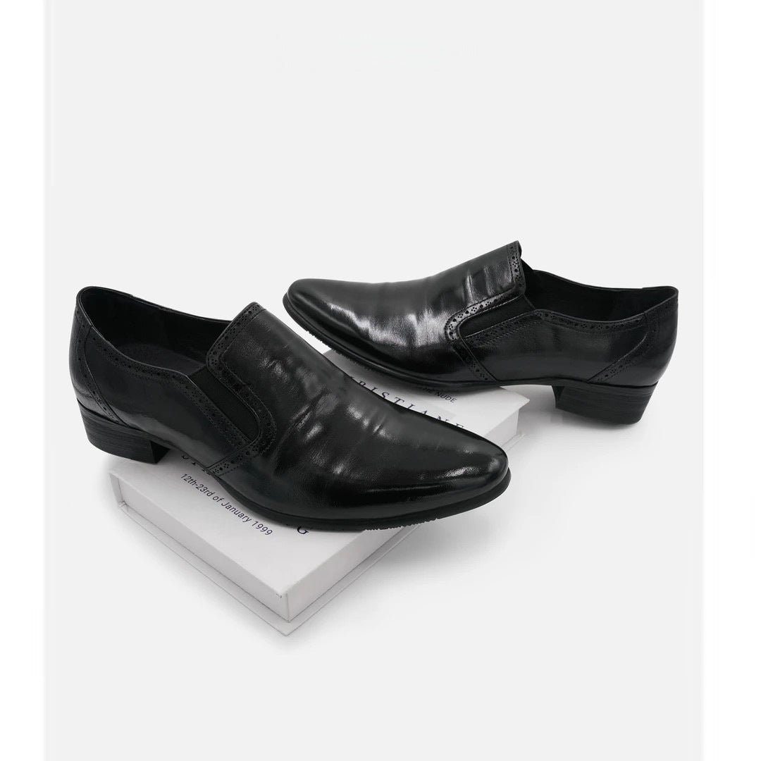 Black brogue-style men's leather shoes, pointed toe, slip-on, business formal style, chunky heel.