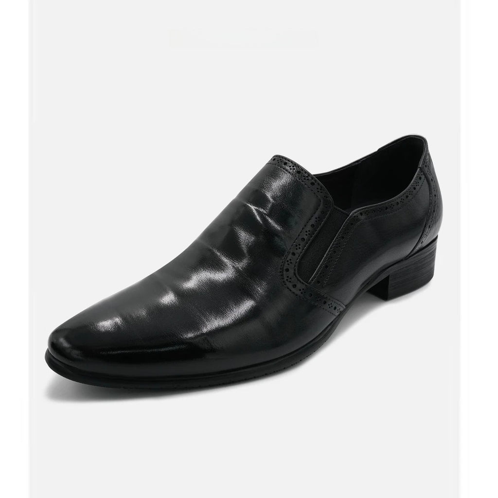 Black brogue-style men's leather shoes, pointed toe, slip-on, business formal style, chunky heel.