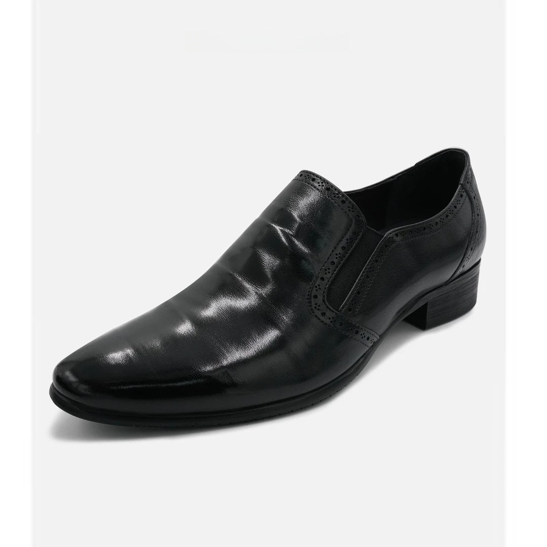 Black brogue-style men's leather shoes, pointed toe, slip-on, business formal style, chunky heel.